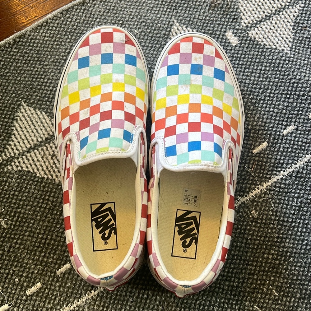 Vans rainbow checker slip ons